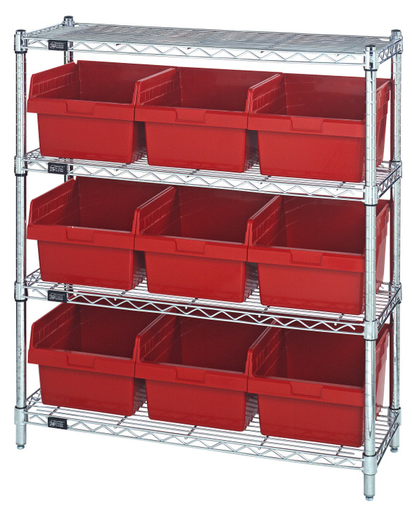 WR4-39-1236-809RD Bin Wire Shelving Center, 12"D x 36"W x 39"H, 800 lbs capacity per shelf, includes: (4) shelves and (9) QSB809 red bins, chrome plated finish, shipped KD