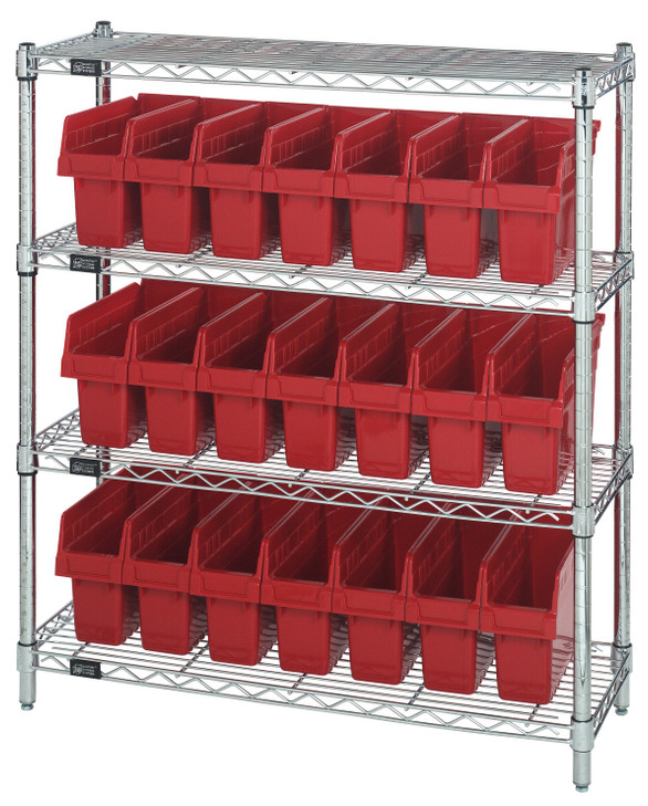 WR4-39-1236-801RD Bin Wire Shelving Center, 12"D x 36"W x 39"H, 800 lbs capacity per shelf, includes: (4) shelves and (21) QSB801 red bins, chrome plated finish, shipped KD