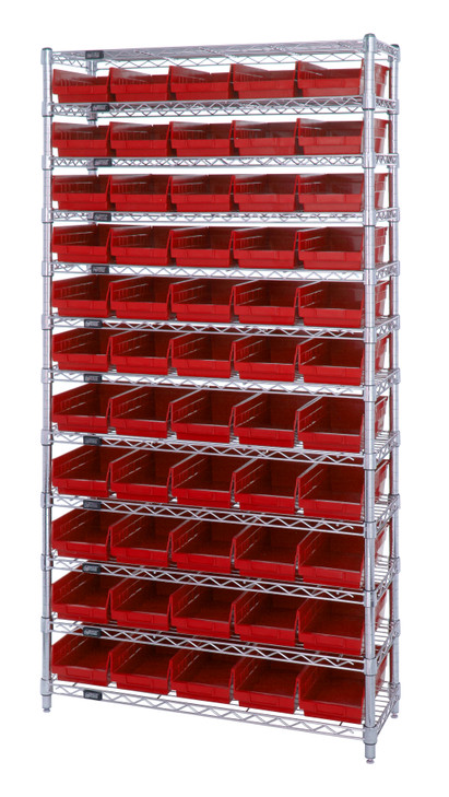 WR12-106RD Bin Wire Shelving System, 36"W x 24"D x 74"H overall size, 800 lb. capacity per shelf, includes: (12) wire shelves, (4) posts, and (55) QSB106 red bins, chrome plated finish