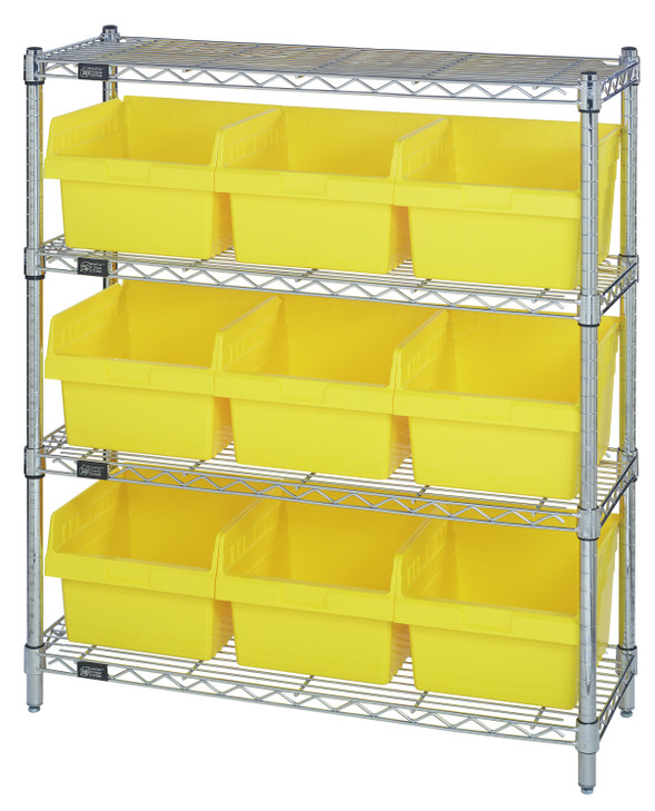 WR4-39-1236-809YL Bin Wire Shelving Center, 12"D x 36"W x 39"H, 800 lbs capacity per shelf, includes: (4) shelves and (9) QSB809 yellow bins, chrome plated finish, shipped KD