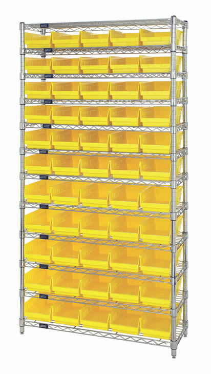 WR12-104YL Bin Wire Shelving System, 36"W x 18"D x 74"H overall size, 800 lb. capacity per shelf, includes: (12) wire shelves, (4) posts, and (55) QSB104 yellow bins, chrome plated finish