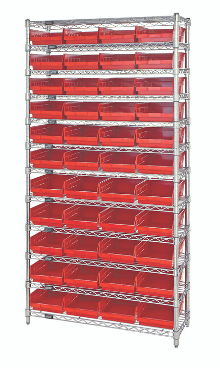 WR12-108RD Bin Wire Shelving System, 36"W x 18"D x 74"H overall size, 800 lb. capacity per shelf, includes: (12) wire shelves, (4) posts, and (44) QSB108 red bins, chrome plated finish