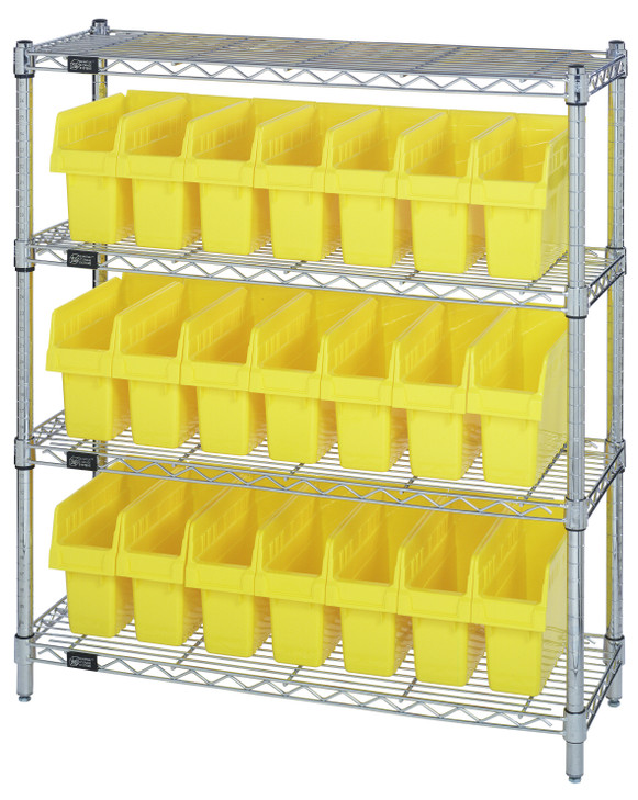 WR4-39-1236-801YL Bin Wire Shelving Center, 12"D x 36"W x 39"H, 800 lbs capacity per shelf, includes: (4) shelves and (21) QSB801 yellow bins, chrome plated finish, shipped KD