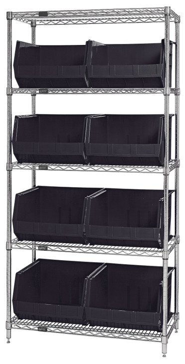 WR5-270BK Chrome Wire Shelving Unit 18"D x 36"W x 74"with 8 Bins