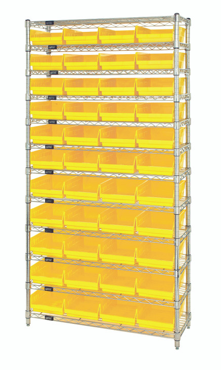 WR12-108YL Bin Wire Shelving System, 36"W x 18"D x 74"H overall size, 800 lb. capacity per shelf, includes: (12) wire shelves, (4) posts, and (44) QSB108 yellow bins, chrome plated finish