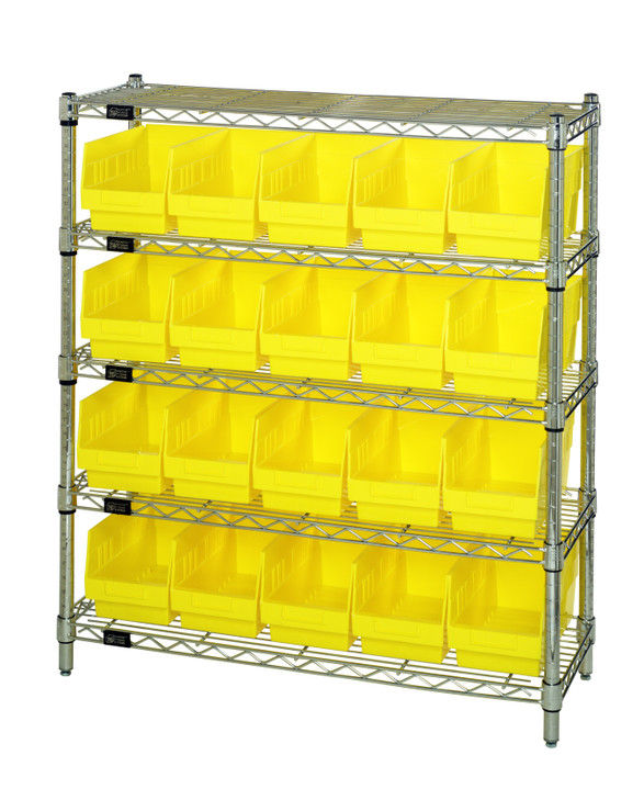 WR5-39-1236-202YL Bin Wire Shelving Center, 12"D x 36"W x 39"H, 800 lbs capacity per shelf, includes: (5) shelves and (20) QSB202 yellow bins, chrome plated finish, shipped KD