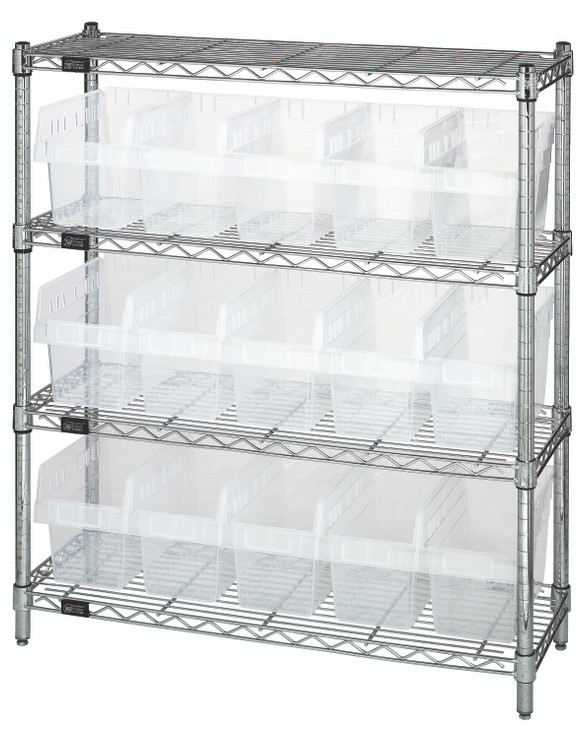 WR4-39-1236-802CL Bin Wire Shelving Center, 12"D x 36"W x 39"H, 800 lbs capacity per shelf, includes: (4) shelves and (15) QSB802 clear bins, chrome plated finish, shipped KD