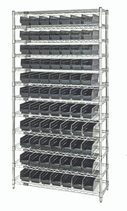 WR12-103CO Bin Wire Shelving System, conductive, 36"W x 18"D x 74"H overall size, 800 lb. capacity per shelf, includes: (12) wire shelves, (4) posts, and (88) QSB103 bins, available in multiple color, chrome plated finish