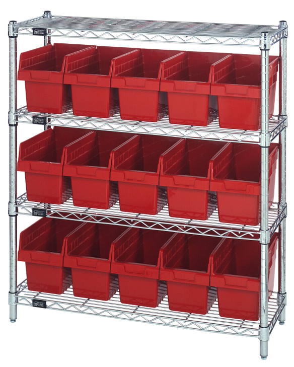 WR4-39-1236-802RD Bin Wire Shelving Center, 12"D x 36"W x 39"H, 800 lbs capacity per shelf, includes: (4) shelves and (15) QSB802 red bins, chrome plated finish, shipped KD