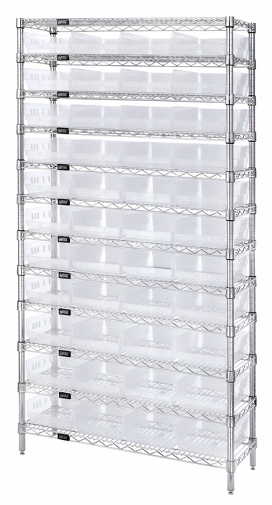 WR12-107CL Bin Wire Shelving System, 36"W x 12"D x 74"H overall size, 800 lb. capacity per shelf, includes: (12) wire shelves, (4) posts, and (44) QSB107 clear bins, chrome plated finish