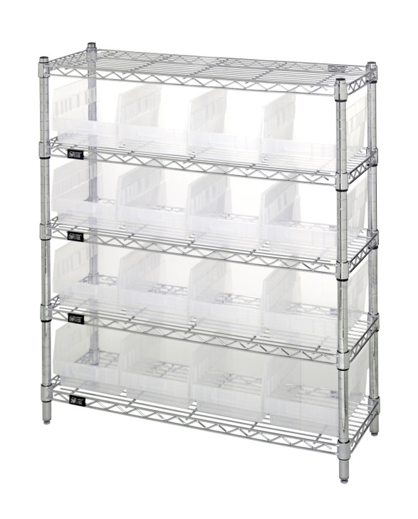 WR5-39-1236-207CL Bin Wire Shelving Center, 12"D x 36"W x 39"H, 800 lbs capacity per shelf, includes: (5) shelves and (16) QSB207 clear bins, chrome plated finish, shipped KD