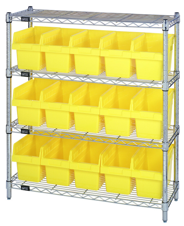 WR4-39-1236-802YL Bin Wire Shelving Center, 12"D x 36"W x 39"H, 800 lbs capacity per shelf, includes: (4) shelves and (15) QSB802 yellow bins, chrome plated finish, shipped KD