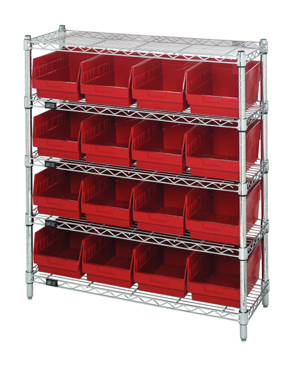 WR5-39-1236-207RD Bin Wire Shelving Center, 12"D x 36"W x 39"H, 800 lbs capacity per shelf, includes: (5) shelves and (16) QSB207 red bins, chrome plated finish, shipped KD