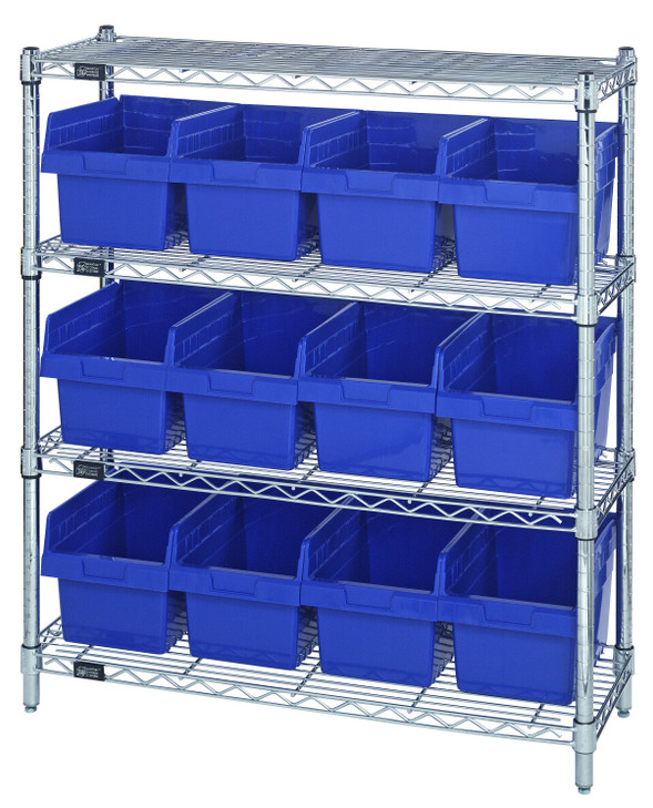WR4-39-1236-807BL Bin Wire Shelving Center, 12"D x 36"W x 39"H, 800 lbs capacity per shelf, includes: (4) shelves and (12) QSB807 blue bins, chrome plated finish, shipped KD