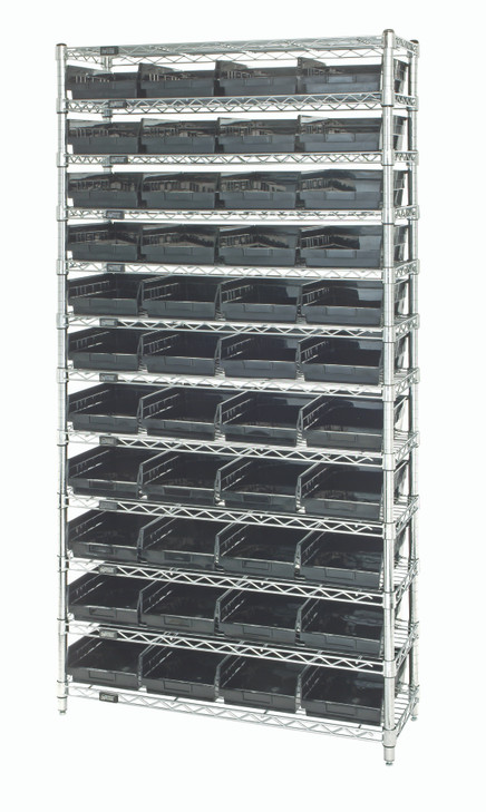WR12-114CO Bin Wire Shelving System, conductive, 36"W x 24"D x 74"H overall size, 800 lb. capacity per shelf, includes: (12) wire shelves, (4) posts, and (44) QSB114 bins, available in multiple color, chrome plated finish