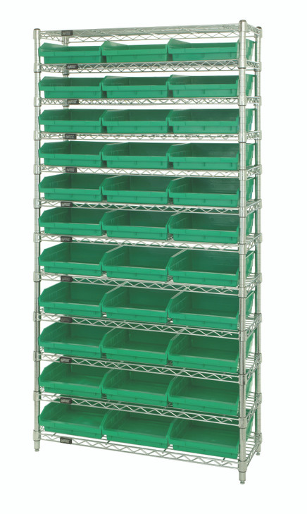 WR12-109GN Bin Wire Shelving System, 36"W x 12"D x 74"H overall size, 800 lb. capacity per shelf, includes: (12) wire shelves, (4) posts, and (33) QSB109 green bins, chrome plated finish