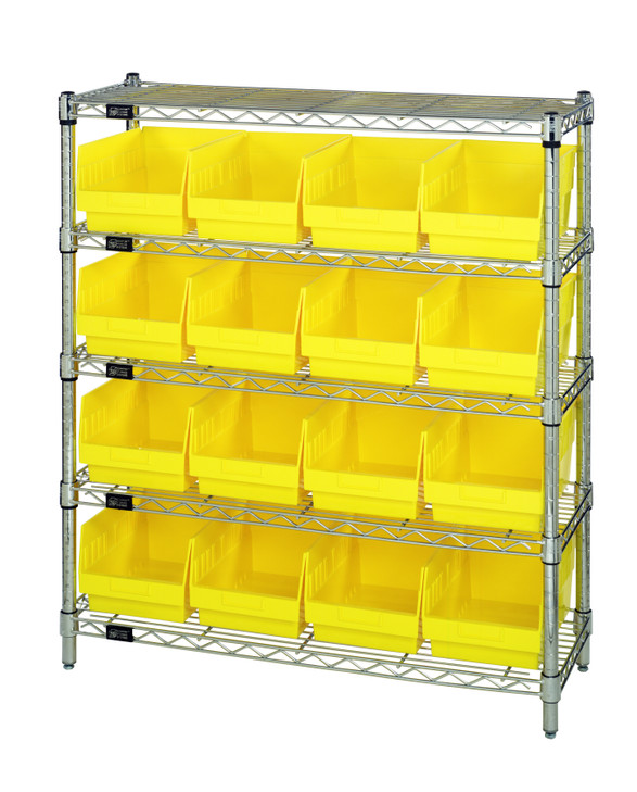 WR5-39-1236-207YL Bin Wire Shelving Center, 12"D x 36"W x 39"H, 800 lbs capacity per shelf, includes: (5) shelves and (16) QSB207 yellow bins, chrome plated finish, shipped KD
