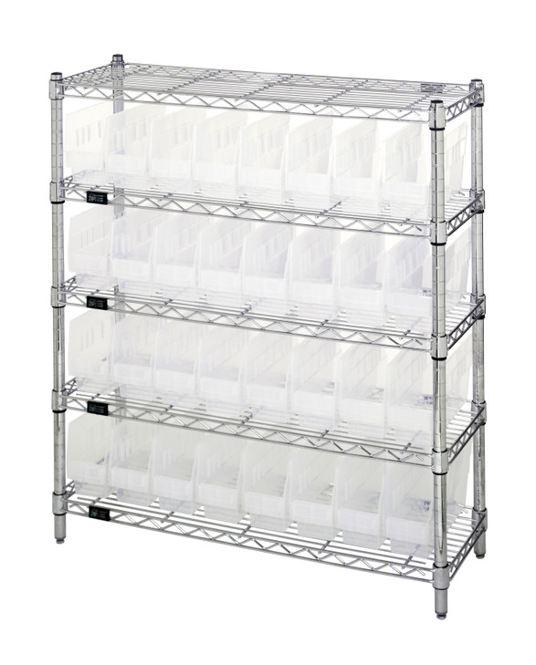 WR5-39-1236-201CL Bin Wire Shelving Center, 12"D x 36"W x 39"H, 800 lbs capacity per shelf, includes: (5) shelves and (32) QSB201 clear bins, chrome plated finish, shipped KD