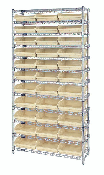WR12-109IV Bin Wire Shelving System, 36"W x 12"D x 74"H overall size, 800 lb. capacity per shelf, includes: (12) wire shelves, (4) posts, and (33) QSB109 ivory bins, chrome plated finish