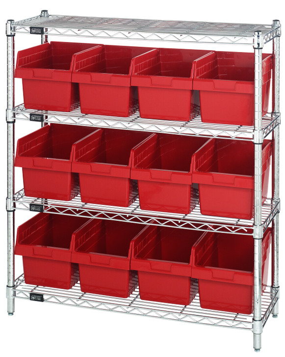 WR4-39-1236-807RD Bin Wire Shelving Center, 12"D x 36"W x 39"H, 800 lbs capacity per shelf, includes: (4) shelves and (12) QSB807 red bins, chrome plated finish, shipped KD