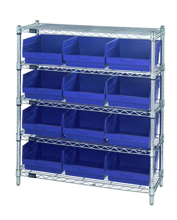 WR5-39-1236-209BL Bin Wire Shelving Center, 12"D x 36"W x 39"H, 800 lbs capacity per shelf, includes: (5) shelves and (12) QSB209 blue bins, chrome plated finish, shipped KD