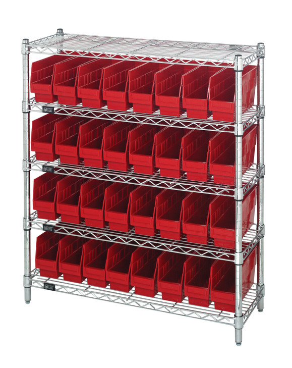 WR5-39-1236-201RD Bin Wire Shelving Center, 12"D x 36"W x 39"H, 800 lbs capacity per shelf, includes: (5) shelves and (32) QSB201 red bins, chrome plated finish, shipped KD