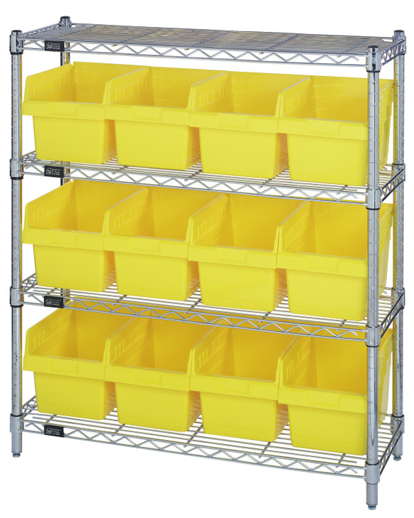 WR4-39-1236-807YL Bin Wire Shelving Center, 12"D x 36"W x 39"H, 800 lbs capacity per shelf, includes: (4) shelves and (12) QSB807 yellow bins, chrome plated finish, shipped KD