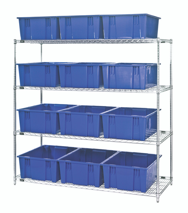 WR4-12225BL Bin Wire Shelving System, 66"L x 24"D x 63"H, 800 lbs load capacity per shelf, includes: (4) shelves and (12) SNT225 blue containers, chrome plated finish, shipped KD