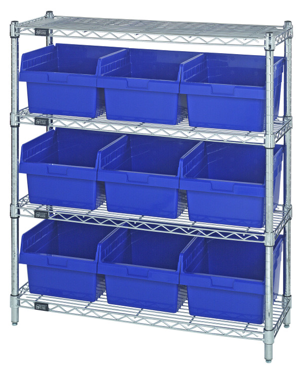 WR4-39-1236-809BL Bin Wire Shelving Center, 12"D x 36"W x 39"H, 800 lbs capacity per shelf, includes: (4) shelves and (9) QSB809 blue bins, chrome plated finish, shipped KD