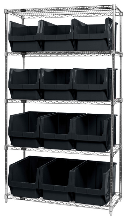WR5-533BK Bin Wire Shelving System, 42"W x 18"D x 74"H, 800 lbs load capacity per shelf, includes: (5) shelves and (12) QMS533 black bins, chrome plated finish, shipped KD