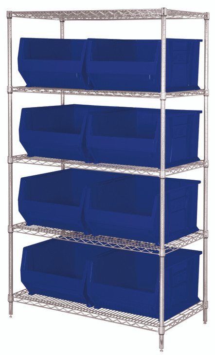 WR5-975BL Bin Wire Shelving System, 42"W x 30"D x 74"H, 800 lbs load capacity per shelf, includes: (5) shelves and (8) QUS975 blue bins, chrome plated finish, shipped KD