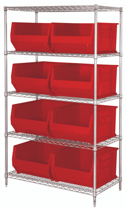 WR5-975RD Bin Wire Shelving System, 42"W x 30"D x 74"H, 800 lbs load capacity per shelf, includes: (5) shelves and (8) QUS975 red bins, chrome plated finish, shipped KD