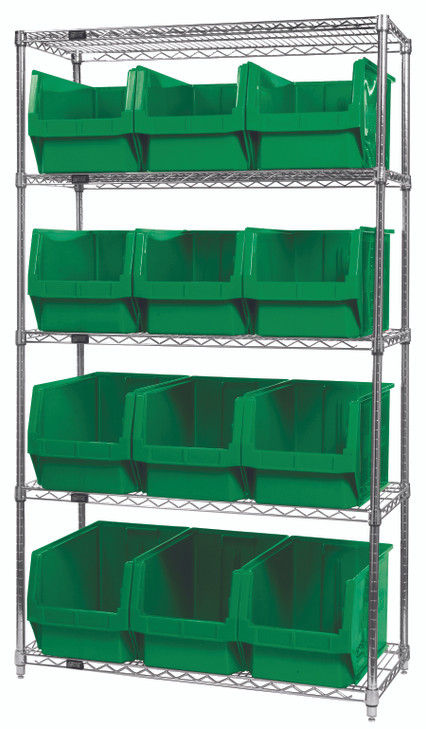WR5-533GN Bin Wire Shelving System, 42"W x 18"D x 74"H, 800 lbs load capacity per shelf, includes: (5) shelves and (12) QMS533 green bins, chrome plated finish, shipped KD