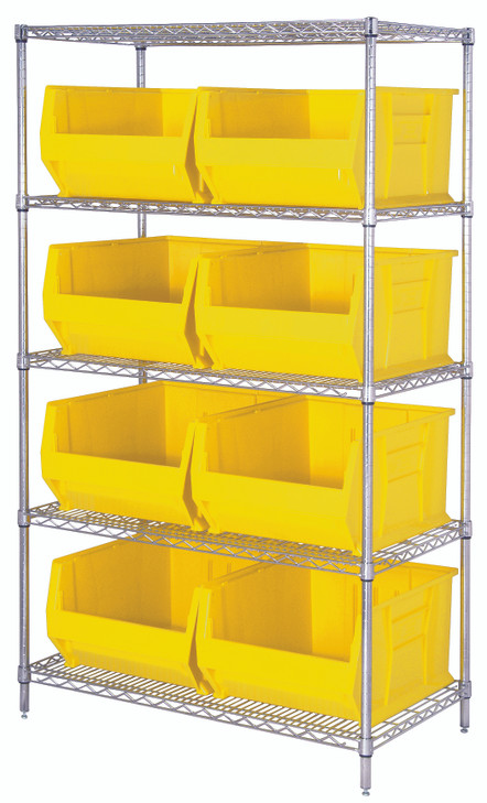 WR5-975YL Bin Wire Shelving System, 42"W x 30"D x 74"H, 800 lbs load capacity per shelf, includes: (5) shelves and (8) QUS975 yellow bins, chrome plated finish, shipped KD