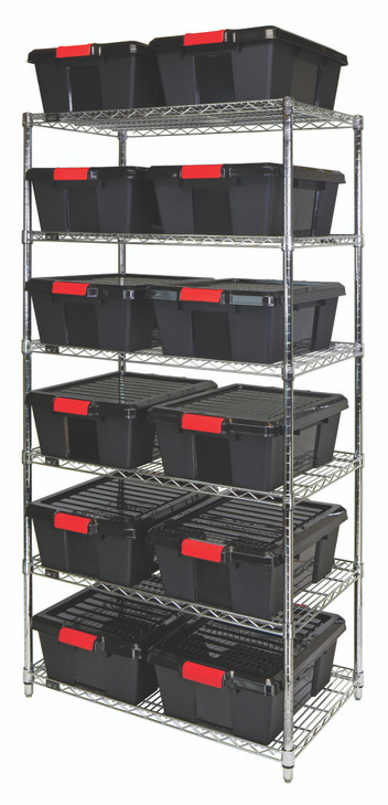 WR6-191507BK Bin Wire Shelving System, 36"W x 21"D x 74"H overall size, 800 lb. capacity per shelf, includes: (6) wire shelves, (4) posts, (12) LC191507BK bins, and (12) LID1915BK lids