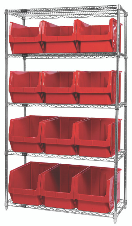 WR5-533RD Bin Wire Shelving System, 42"W x 18"D x 74"H, 800 lbs load capacity per shelf, includes: (5) shelves and (12) QMS533 red bins, chrome plated finish, shipped KD
