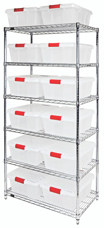 WR6-191507CL Bin Wire Shelving System, 36"W x 21"D x 74"H overall size, 800 lb. capacity per shelf, includes: (6) wire shelves, (4) posts, (12) LC191507CL bins, and (12) LID1915CL lids