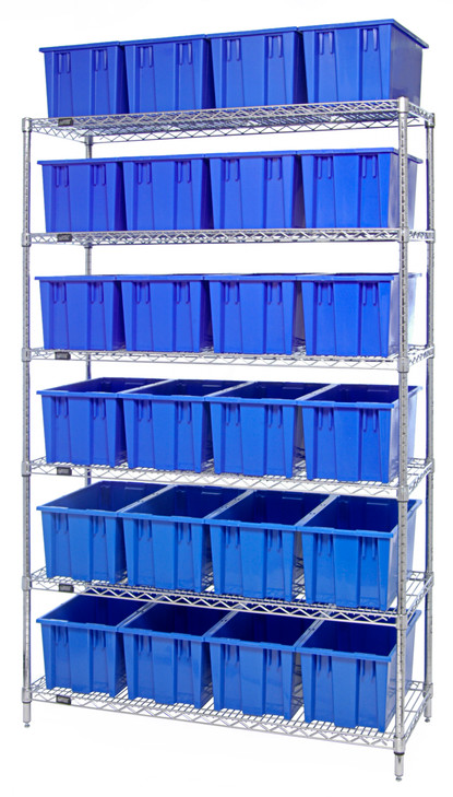 WR6-24185BL Bin Wire Shelving System, 48"L x 18"D x 74"H, 800 lbs load capacity per shelf, includes: (6) shelves and (24) SNT185 blue containers, chrome plated finish, shipped KD