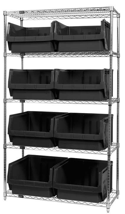 WR5-543BK Bin Wire Shelving System, 42"W x 18"D x 74"H, 800 lbs load capacity per shelf, includes: (5) shelves and (8) QMS543 black bins, chrome plated finish, shipped KD