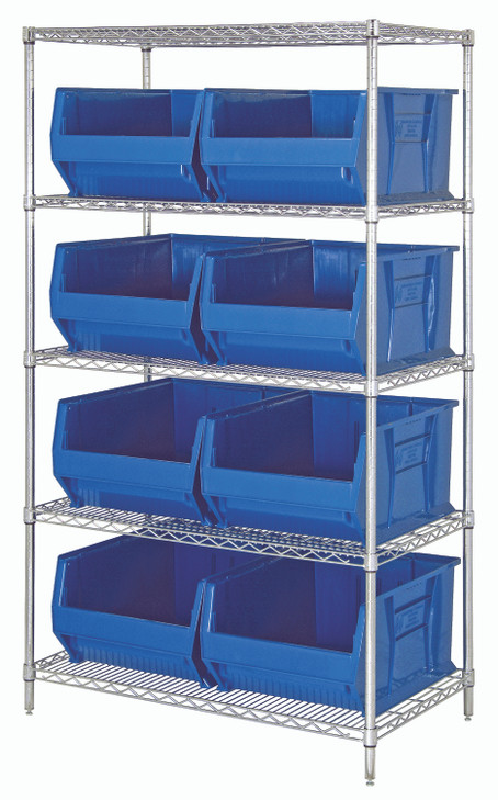 WR5-955BL Bin Wire Shelving System, 42"W x 24"D x 74"H overall size, 800 lb. capacity per shelf, includes: (5) wire shelves, (4) posts, and (8) QUS955 blue bins, chrome plated finish, shipped KD
