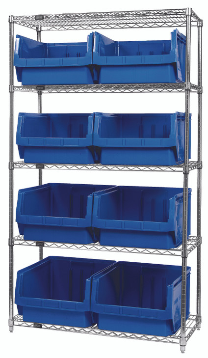 WR5-543BL Bin Wire Shelving System, 42"W x 18"D x 74"H, 800 lbs load capacity per shelf, includes: (5) shelves and (8) QMS543 blue bins, chrome plated finish, shipped KD