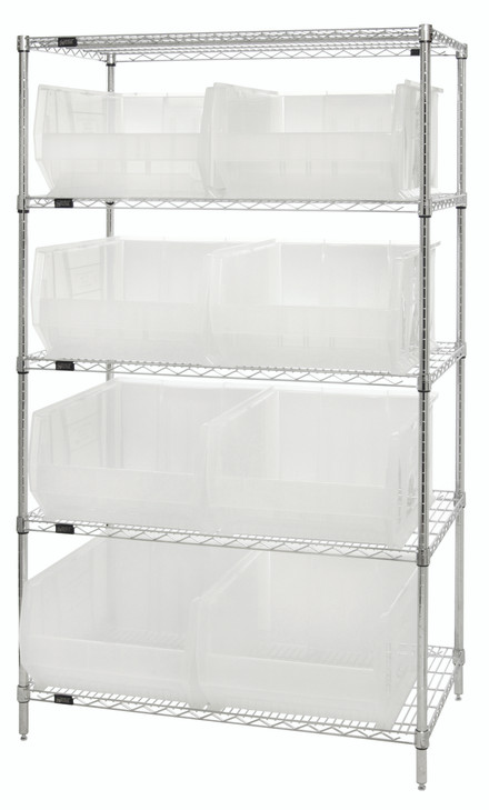 WR5-955CL Bin Wire Shelving System, 42"W x 24"D x 74"H overall size, 800 lb. capacity per shelf, includes: (5) wire shelves, (4) posts, and (8) QUS955 clear bins, chrome plated finish, shipped KD