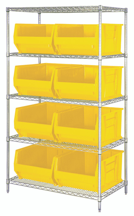 WR5-955YL Bin Wire Shelving System, 42"W x 24"D x 74"H overall size, 800 lb. capacity per shelf, includes: (5) wire shelves, (4) posts, and (8) QUS955 yellow bins, chrome plated finish, shipped KD