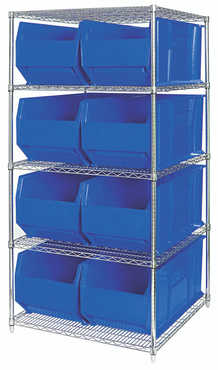 WR5-997BL Bin Wire Shelving System, 60"W x 36"D x 74"H, 600 lbs load capacity per shelf, includes: (5) shelves and (8) QUS993 blue bins, chrome plated finish, shipped KD