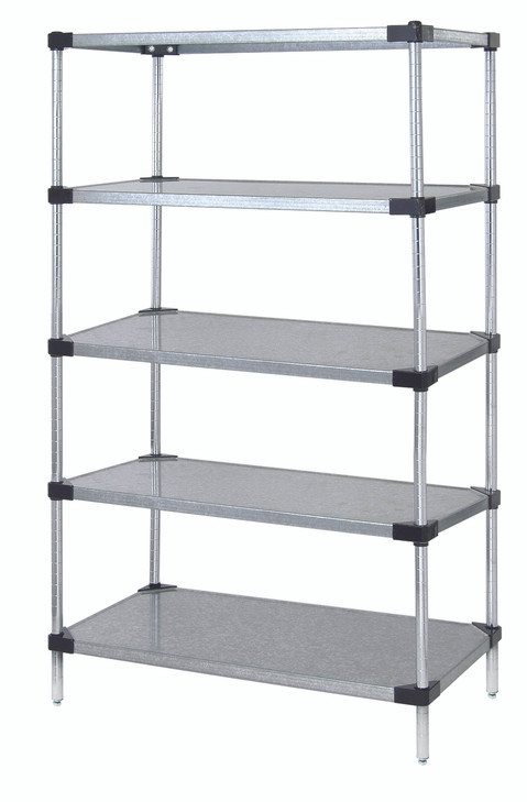 WR63-1824SG-5 Solid Shelving Starter Kit, 24"W x 18"D x 63"H, 300 - 600 lb. capacity, includes (5) solid shelves and (4) posts, galvanized steel, NSF, shipped KD