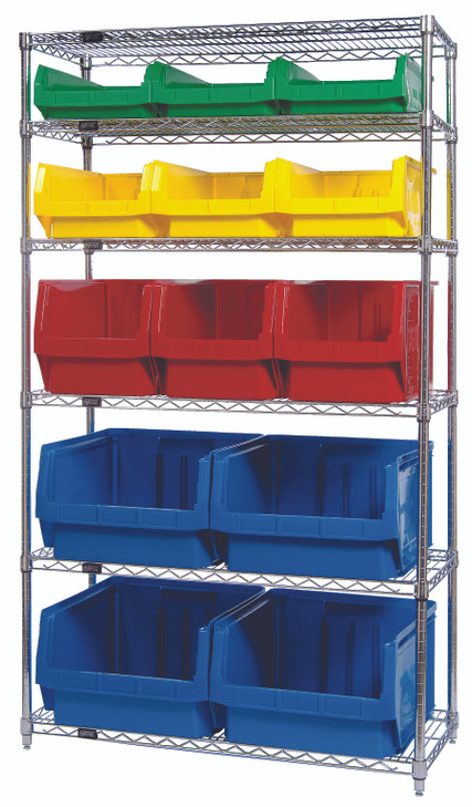 WR6-13-MIXMD Bin Wire Shelving System, 42"W x 18"D x 74"H, 800 lbs load capacity per shelf, includes: (6) shelves, (4) QMS543 blue, (3) QMS533 red, (3) QMS532 yellow and (3) QMS531 green bins, chrome plated finish, shipped KD