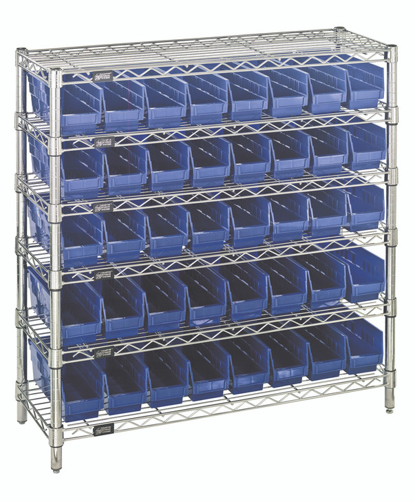WR6-36-1236-101BL Bin Wire Shelving System, 36"W x 12"D x 36"H overall size, 800 lb. capacity per shelf, includes: (6) wire shelves, (4) posts, (40) QSB101 blue bins, chrome plated finish