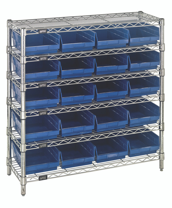 WR6-36-1236-107BL Bin Wire Shelving System, 36"W x 12"D x 36"H overall size, 800 lb. capacity per shelf, includes: (6) wire shelves, (4) posts, (20) QSB107 blue bins, chrome plated finish