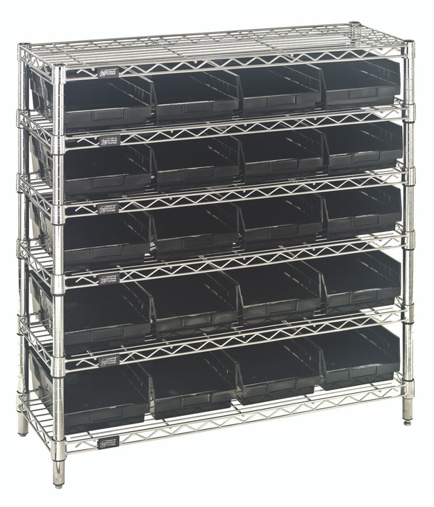 WR6-36-1236-107CO Bin Wire Shelving System, conductive, 36"W x 12"D x 36"H overall size, 800 lb. capacity per shelf, includes: (6) wire shelves, (4) posts, (20) QSB107 bins, chrome plated finish