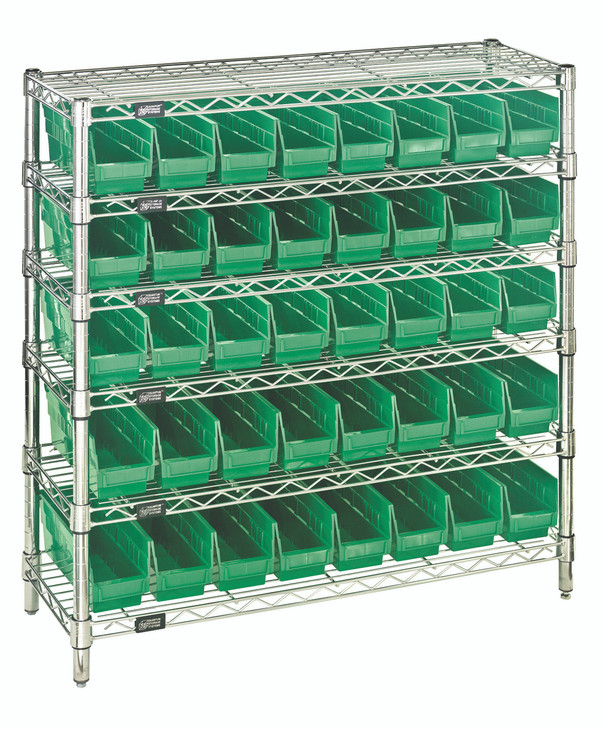 WR6-36-1236-101GN Bin Wire Shelving System, 36"W x 12"D x 36"H overall size, 800 lb. capacity per shelf, includes: (6) wire shelves, (4) posts, (40) QSB101 green bins, chrome plated finish